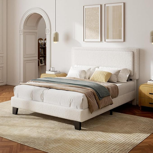Queen Bed Frame with Adjustable Headboard, Boucle Cloud Platform Bed with Wood Slats, Mattress Foundation, No Box Spring Needed, Easy Assembly, Beige