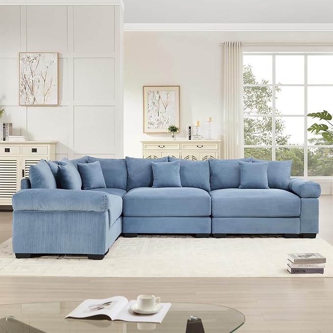 KEIKI 117" L-Shaped Oversized Corduroy Modular Cloud Sectional Sofa with High-Density Foam Cushion, Extra-Thick Armrest, Convertible 4-Seater Fluffy Corner Couch with 14 Pillow, for Living Room, Blue