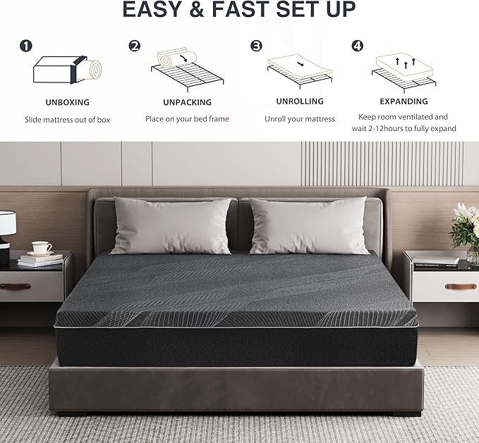 Twin XL Mattress 10 Inch Charcoal Gel Memory Foam in a Box, CertiPUR-US Certified Fiberglass Free, Cooling Mattress, Made in The USA of US Foam, 80" × 38" × 10", Medium