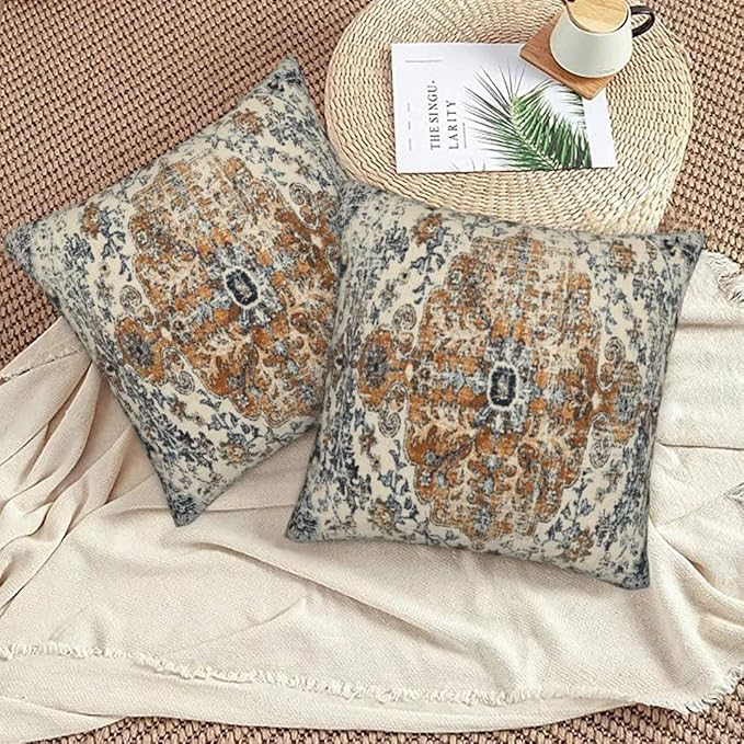 Ethnic Boho Throw Pillow Covers 16x16 Set of 2, Gold Blue Carpet Pattern Pillow Covers Rustic Farmhouse Cushion Cases Linen Decorative Gifts for Couch Sofa Indoor Outdoor