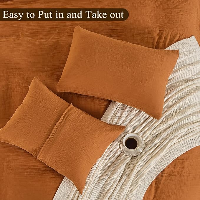 MEISHANG Muslin Duvet Cover Queen Size - 100% Organic Cotton, Soft Textured Gauze Weave Comforter Cover for Breathable All-Season with Zipper Closure - 3 Piece Set (Queen, Brown)