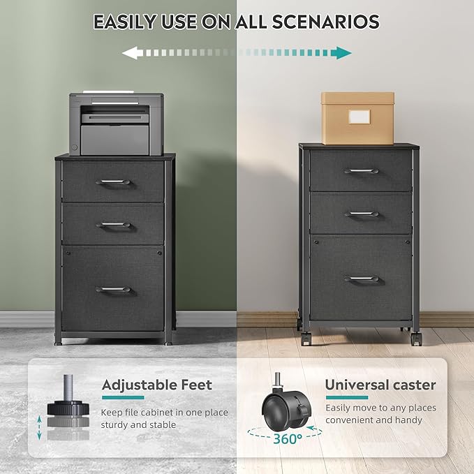 Raybee 3 Drawer File Cabinet Printer Stand Filing Cabinet Rolling File Cabinets for Home Office Fabric Vertical Office Storage Cabinet Fits A4, Legal, Letter Size, 16.7" D*16" W*26.8" H, Black