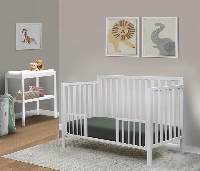 Sorelle Essex Euro 4-in-1 Convertible Crib & Changer – Nursery Furniture Set, Wooden Baby Crib with Non-Toxic Finish, Integrated Changer, Toddler Bed, Daybed, and Full-Size Bed Conversion Kit – White