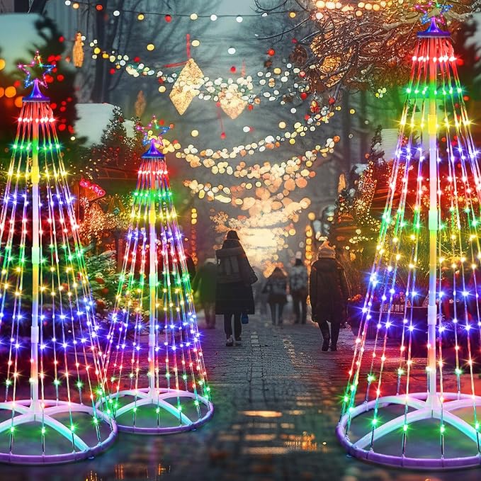 3 Pack 6/7/8FT Christmas LED Cone Tree Lights 24 Modes Color Changing with Timer Foldable Lighted Trees Waterproof Outdoor String Lights Holiday for Christmas New Year Xmas Decorations