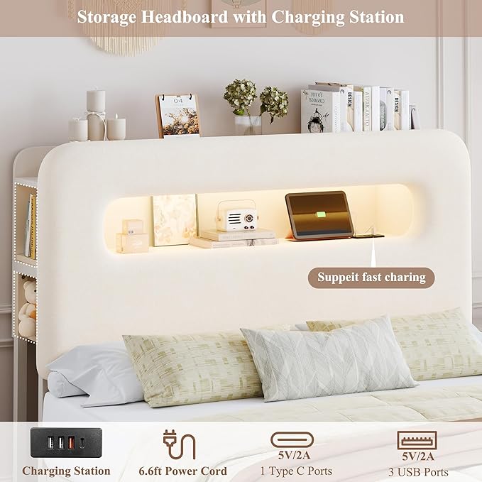 HOSTACK Full LED Bed Frame with Storage Headboard and Charging Station, Kids Bed Frame with 4 Drawers and USB Ports, Velvet Upholstered Platform Bed Frame with Bookcase, No Box Spring Needed, Cream