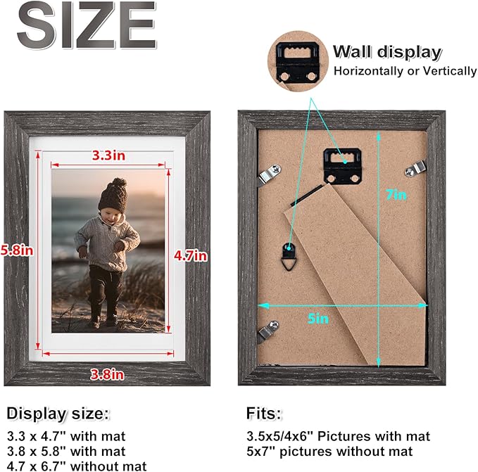 KINLINK 5x7 Picture Frame Ash Black, Solid Wood Frames with Acrylic Plexiglass for 3.5x5/4x6 with Mat or 5x7 without Mat, Tabletop and Wall Display Photo Frame, Set of 4