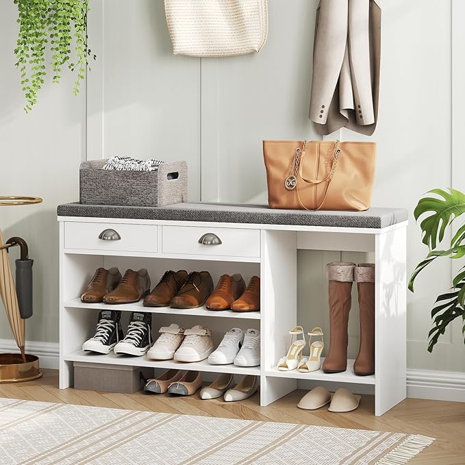 Maupvit Shoe Storage Bench with Cushion, Shoe Bench with Padded Seat, Entryway Storage Bench with Drawer, 2 Compartments, Wood Shoe Rack for Bedroom, Closet, Living Room, Hallway (White)