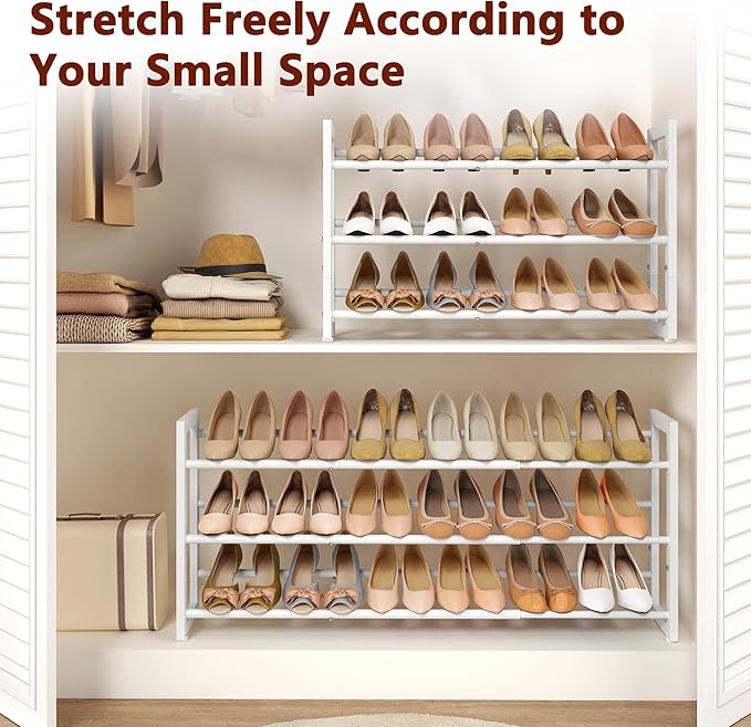 FAVOOSTY 3-Tier Expandable Shoe Rack, Adjustable Shoe Shelf Storage Organizer Space Saving Metal Free Standing Shoe Rack for Entryway Closet Doorway, White