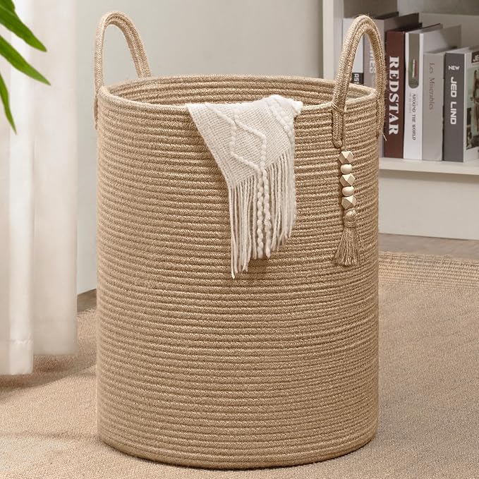 Goodpick Boho Jute Laundry Hamper Basket, Wicker Laundry Basket with Handles, Tall Baby Nursery Hamper, Large Woven Blanket Storage for Living Room, Bedroom, 16" x 20"