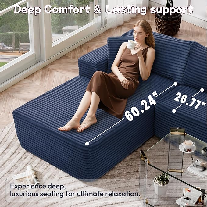 105" Cloud Sectional Couch with L-Shape Chaise,Modern Modular Sofa with Deep Seat, Fluffy Boneless Couches for Living Room Bedroom,No Assembly Required, Dark Blue (Plush Flannel Fabric)