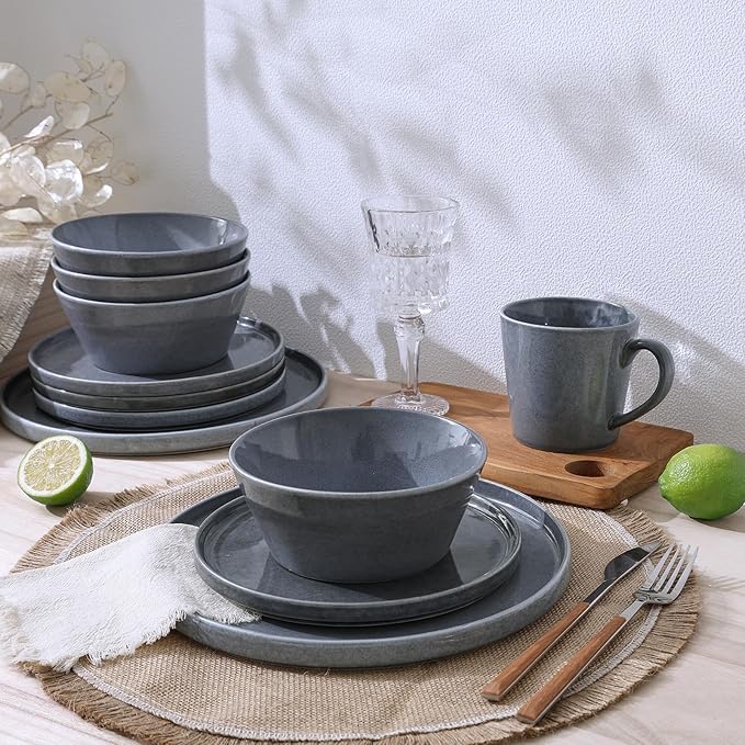 Famiware Annecy Plates and Bowls Sets, Stoneware Dinnerware Sets for 4, 12 Pieces Dish Set with Lipped Edges, Chip and Scratch Resistant, Microwave and Dishwasher Safe, Misty-Blue