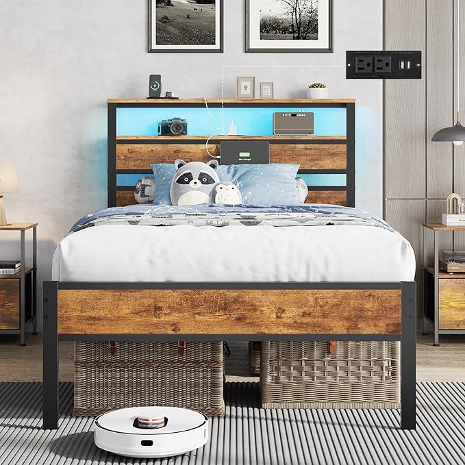 Hasuit Twin Bed Frame with Headboard LED Lights, Twin Size Bed with Charging Station 2-Tier Storage Shelves, Metal Platform Bed with Heavy Duty Slat, Fast Assembly, No Box Spring Needed, Noise Free