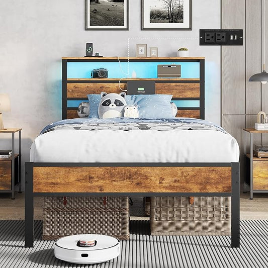 Hasuit Twin Bed Frame with Headboard LED Lights, Twin Size Bed with Charging Station 2-Tier Storage Shelves, Metal Platform Bed with Heavy Duty Slat, Fast Assembly, No Box Spring Needed, Noise Free