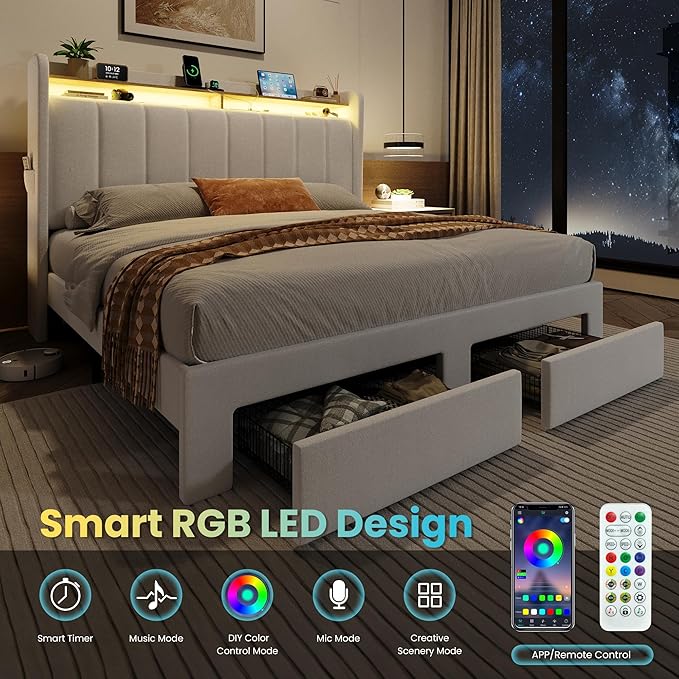 SHA CERLIN Velvet Queen Bed Frame with Vertical Channel Tufted Wingback Headboard & 2 Storage Drawers/2-Tier Shelves with LED Lights & Charging Station/Noise-Free/No Box Spring Needed/White