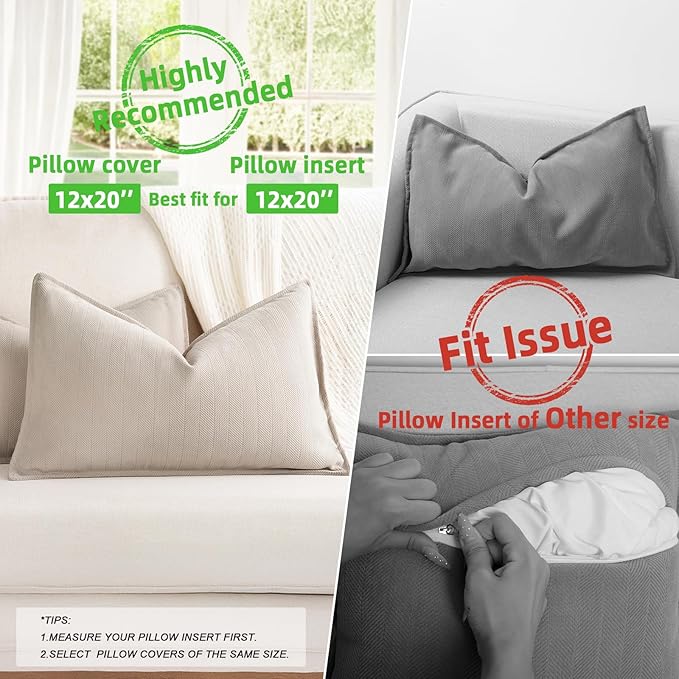 ZWJD Beige Lumbar Pillow Covers 12x20 Set of 2 Chenille Throw Pillow Covers with Elegant Design Soft and Luxurious Decorative Throw Pillows for Couch, Bed, and Home Decor