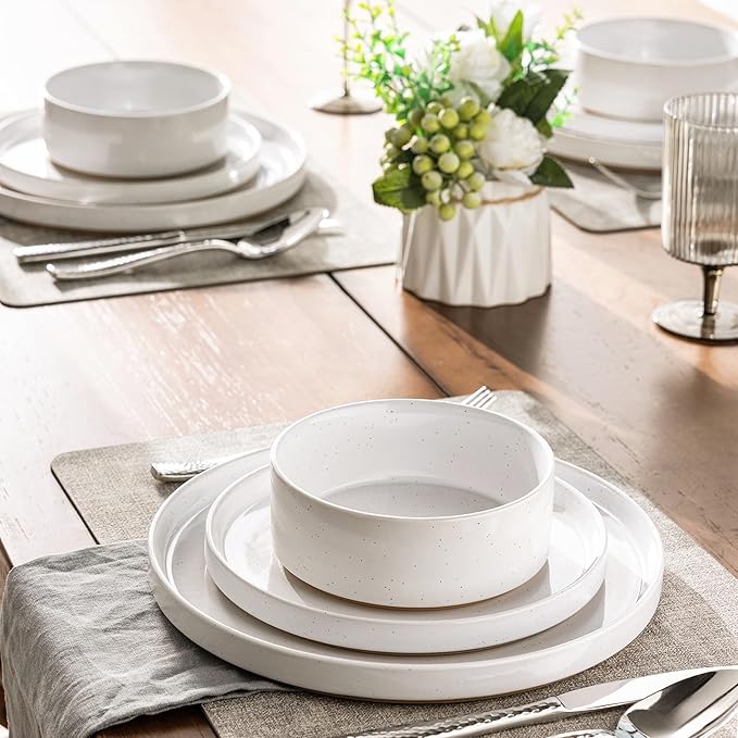 AmorArc Ceramic Dinnerware Set for 6 | Speckled Stoneware Plates and Bowls with Rustic Terracotta Underside| Scratch Resistant,Dishwasher & Microwave Safe Dishes Sets- 18pcs White