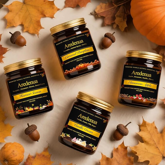 Fall Candle Set | 4 Pack Autumn Scented Candles for Home - Candle Fall Gifts for Women Men, Soy Candles for Home Scented - Autumn Scent of - Pumpkin/Cinnamon Apple/Harvest/Vanilla Cream