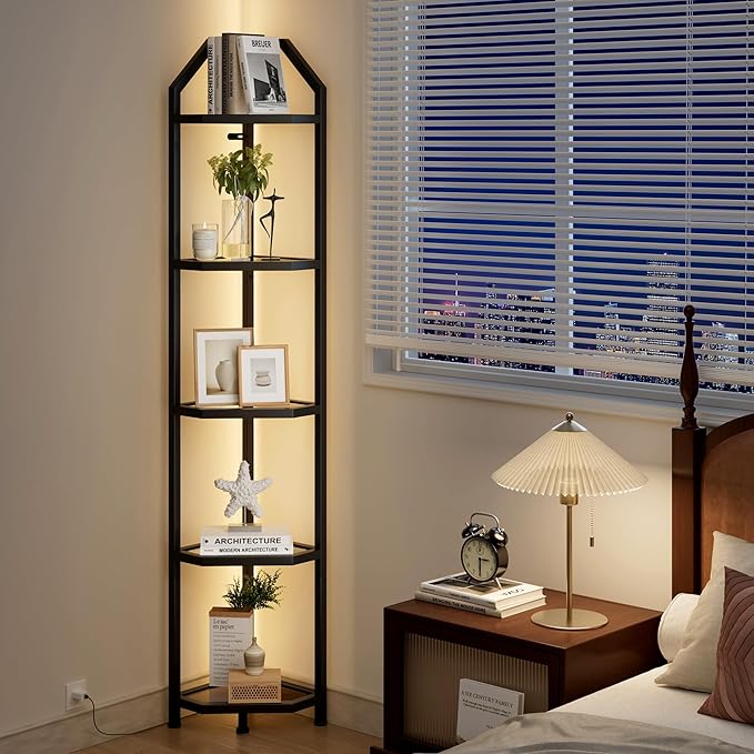 70 Inch Corner Shelf with LED Lights, 5-Tier Corner Bookshelf for Small Spaces, Glass & Metal Storage Rack for Bedroom, Living Room, Office - Modern Space Saving Design- Black