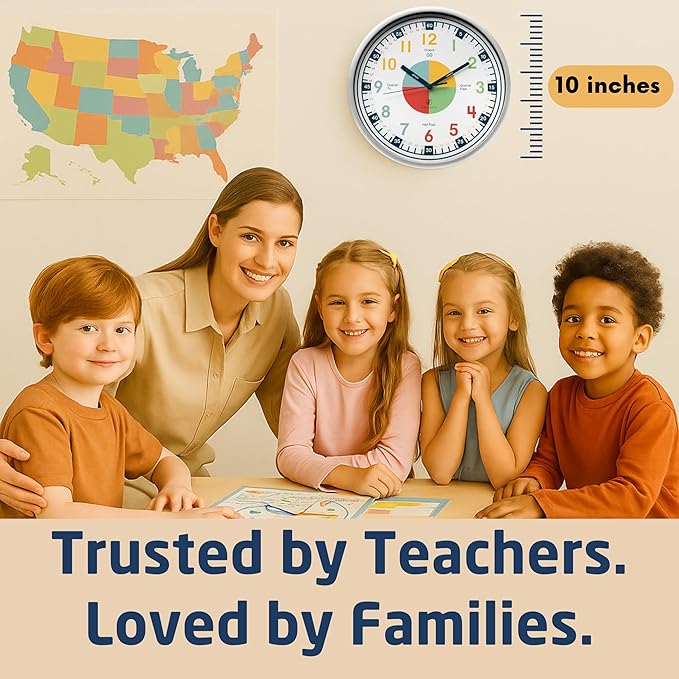 OWLCONIC Non Ticking Analog Clock for Kids Learning to Tell Time, Teaching Clock for Kids Wall, Clocks for Classroom, Homeschool Decor, Bedrooms, Silent, Homeschooling Resource.