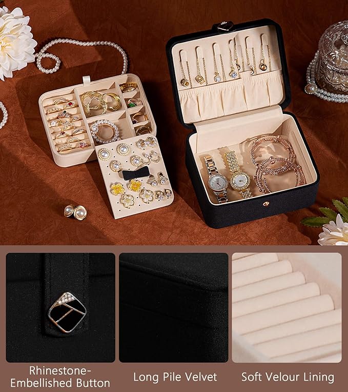 Homde Jewelry Box Small for Women: Ring Earring Organizer Storage for Dresser - Necklace Bracelets Holder with Multi Compartments(Black)