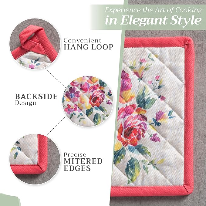 Maison d' Hermine Pot Holders 100% Cotton Heat Resistant Potholders 8" x 8" Hot Pads with Loop BBQ, Cooking, Baking, Grilling, Kitchen, Handling Hot Pans Spring/Summer (Pack of 1, Rose Garden)