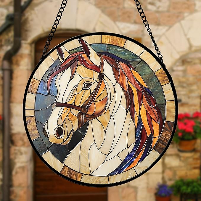 Stained Glass Window Hanging, Animal Horse Colored Mane Sun Catchers Glass Panel Cool Suncatcher Decor for Birthday for Women, Men, Wife, Aunt, and Mom 11.8x11.8 in