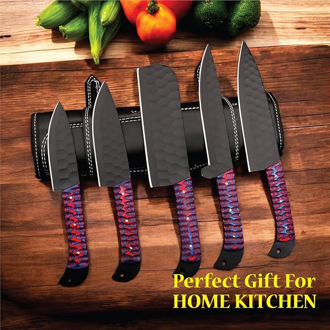 5 PCS Handmade Kitchen Chef Knife Set Hand Forged High Carbon Steel Blade Pakka wood Handle With Leather Bag Kit set included (Chef, Cleaver, Butcher, Paring, Fillet knife, Utility Knife) (Pakka Wood)