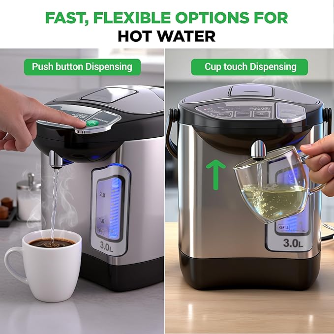 NutriChef Electric Water Boiler and Warmer - 3L/3.17 Qt Stainless Steel Electric Hot Water Dispenser w/Rotating Base, Auto Shut Off, Safety Lock, Instant Heating for Coffee & Tea (NCHUB13)