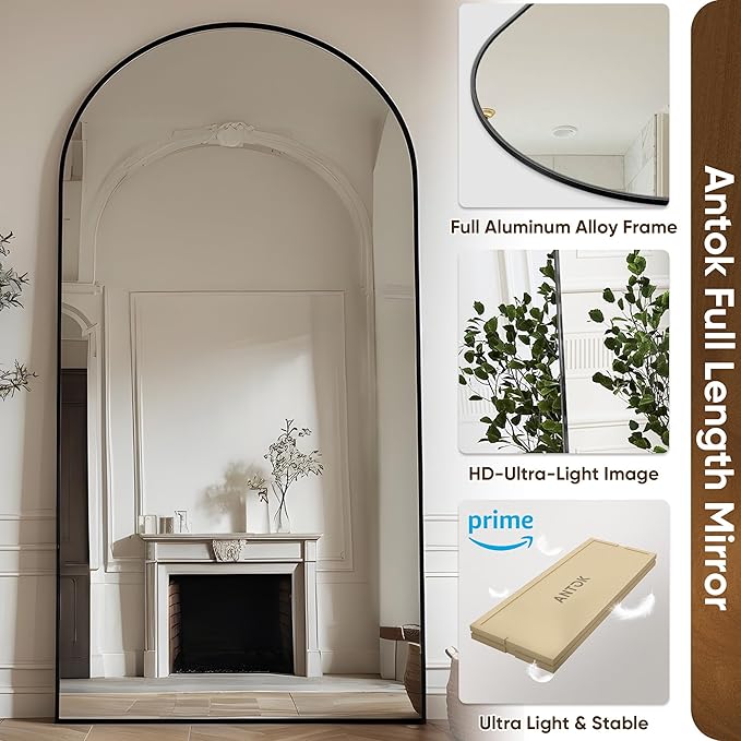 Antok Full Length Mirror, 71"x28" Floor Mirror with Stand, Hanging Mounted Mirrors for Bedroom, Living Room, Cloakroom, Dining Room, Black, Arched