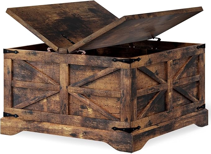 oneinmil Farmhouse Coffee Table with Storage Organizer, Square Coffee Tables with Large Storage Space, Center Table for Living Room, Bedroom, Home Office, Rustic Brown