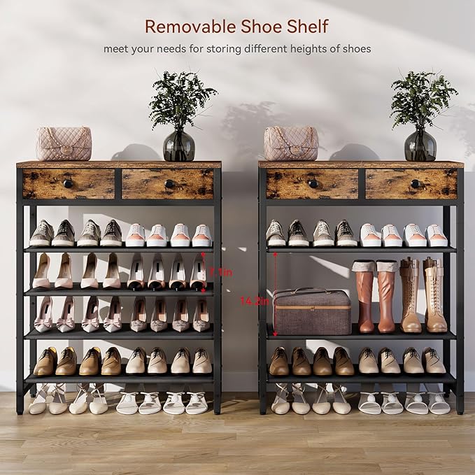 IBUYKE 5 Tier Shoe Rack, Metal Shoe Storage Organizer with 2 Drawers, Shoe Storage Rack for 12-16 Pairs of Shoes, Modern Shoe Stand with Fabric Shelf for Entryway Closet Bedroom, Rustic Brown TXJ040H