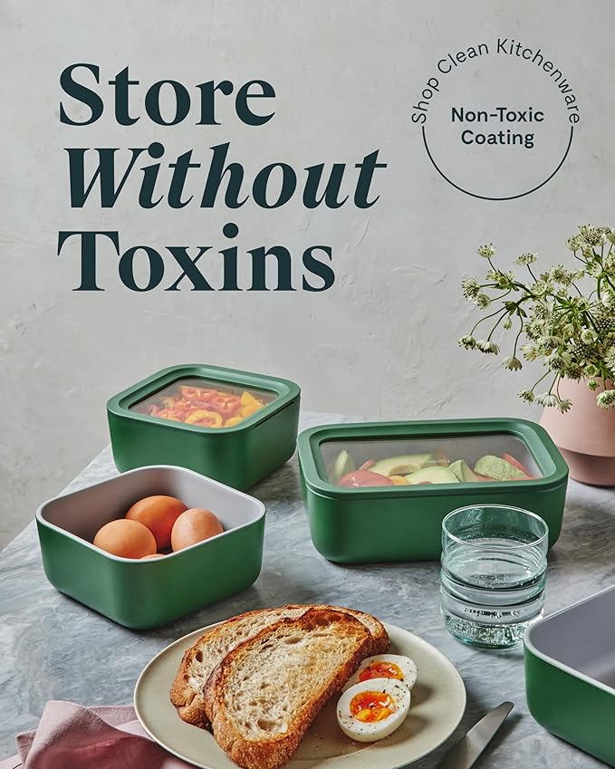 Caraway 2pc Glass Food Storage Set - 4.4 Cup Food Containers (2) - Ceramic Coated - Non Toxic, Non Stick Lunch with Lids - Dishwasher, Oven, & Microwave Safe - Perracotta