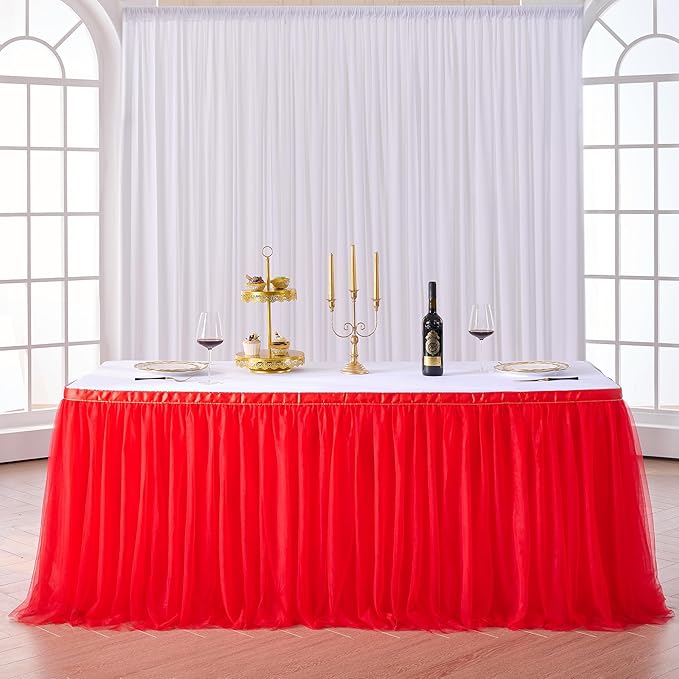 Suppromo 14ft Red Tulle Tutu Table Skirt Ruffle Table Skirting for Graduation Baby Shower Birthday Party Wedding Christmas Decorations(Red,L14(ft)*H 30in)