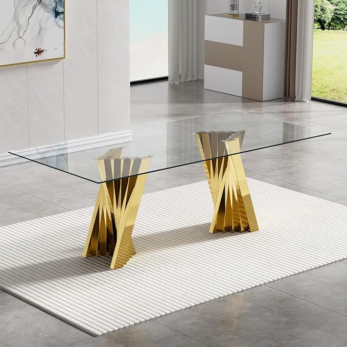 Goujxcy Modern 5 Piece Glass Dining Table Set Luxury Glass Kitchen Table and Chair Set for 4, 70" Large Rectangular Dining Room Table with 4 Tufted Chairs and Stainless Steel Legs (Gold & Beige)