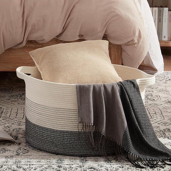 OIAHOMY Extra Large Storage Basket, 23" x 13" Woven Blanket Storage for Living Room, Round Laundry Basket for Pillow-Black and White