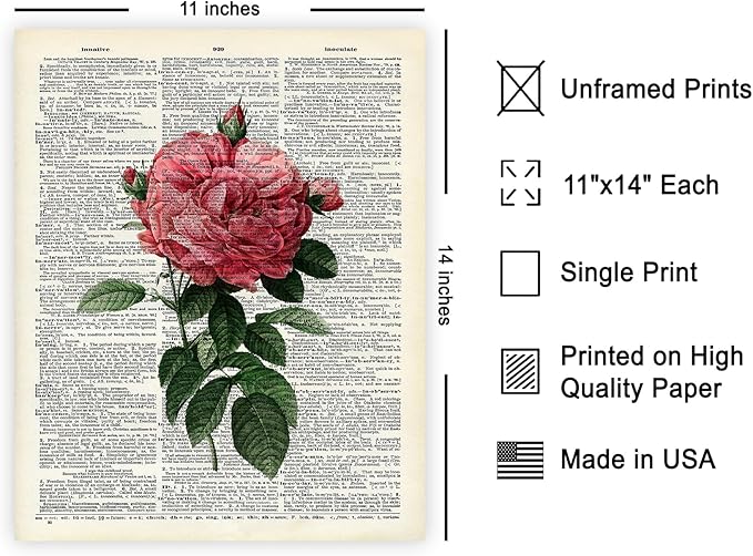 Poster Master Dictionary Art Poster - Pink Roses Print - Flower Art - Floral Art - Gift for Him, Her & Florist - Minimal Decor for Living Room, Bedroom, Dorm or Flower Shop - 11x14 UNFRAMED Wall Art