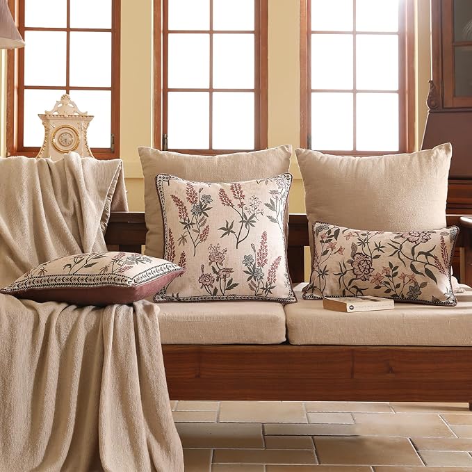 Design Linen Vintage Throw Pillow Covers 18"x18" Pack of 2, Square Cushion Covers with Blue Pink Flowers Green Leaves Pattern Decoration Pillowcases for Bed,Living Room,Outdoor,Car