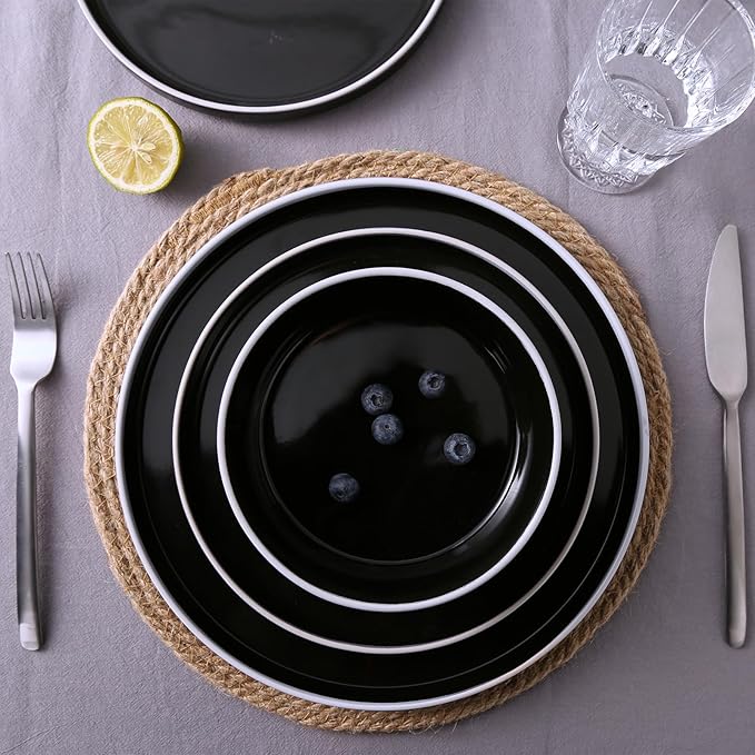 Famiware Nebula Plates and Bowls Set, 24 Pieces Dinnerware Sets, Dishes Set for 8, Black with White Rim