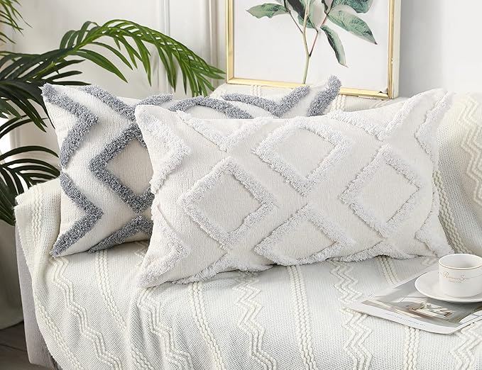 Diamond Pattern Long Pillow Covers 14 x 26,Plush Chenille Decorative Long Lumbar Pillow Case Pillow Covers Cushion Case for Sofa Couch Bed Livingroom Farmhouse,Modern Boho,Cream White