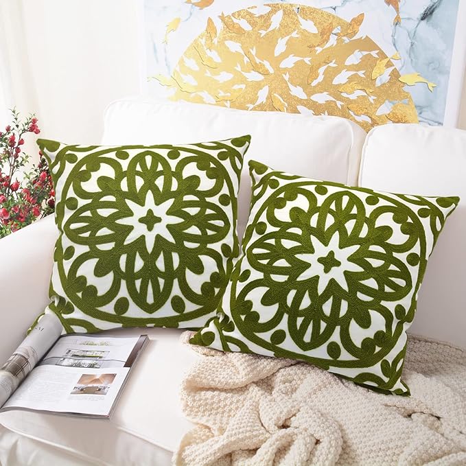 Alysheer Embroidered Decorative Throw Pillow Covers 18"x18" Set of 2 Pieces, Chic Boho Mandala Knit Pattern, Durable 100% Cotton Canvas Cushion Cases for Sofa Couch Living Room(Olive Green)