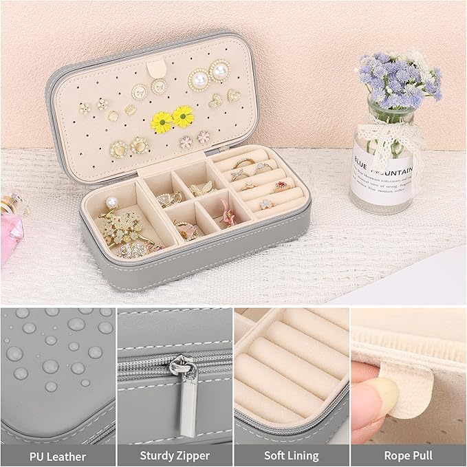 DesignSter Travel Jewelry Box, PU Leather Portable Jewelry Case, Small Jewelry Boxes for Gifts, Travel Jewelry Organizer for Women Rings Earrings Necklaces Bracelets (Gray)