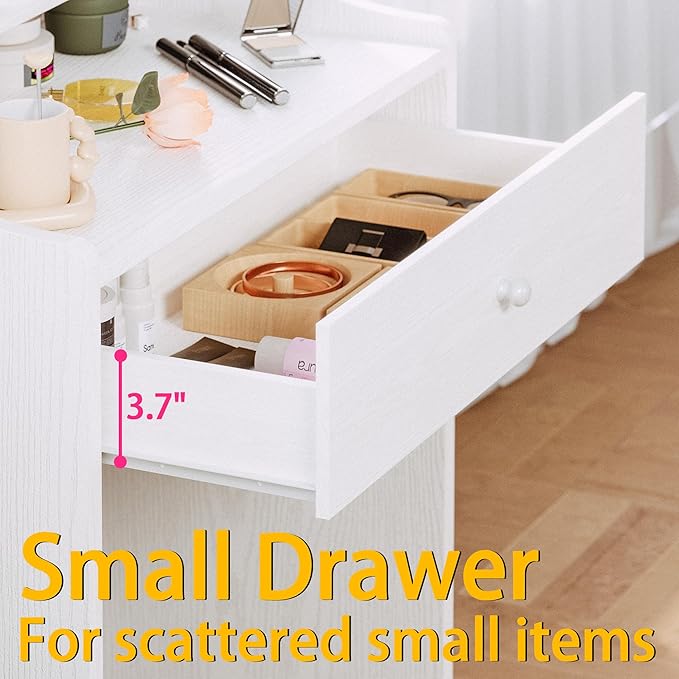 LIKIMIO Small Makeup Vanity Desk with Mirror and Lights, Vanity Table Set with Storage Drawer, Chair and Three Shelves, Bedroom, White