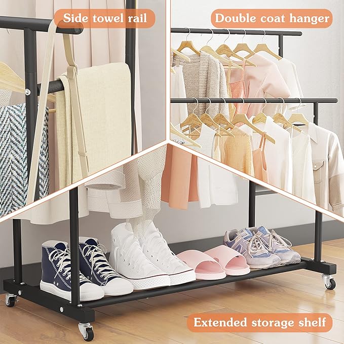 Calmootey Double Rod Clothing Garment Rack,Rolling Hanging Clothes Rack,Portable Clothes Organizer for Bedroom,Living Room,Clothing Store,Black