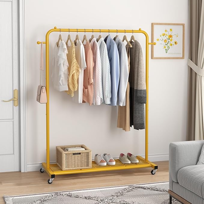 Sywhitta Clothes Rack on wheels, Clothing Rack with Bottom Mesh Storage Shelf,Sturdy Metal Frame,Rolling Garment Rack for Hanging Clothes,Coats,Skirts,39.76" L x 16" W x 64.56" H,Golden