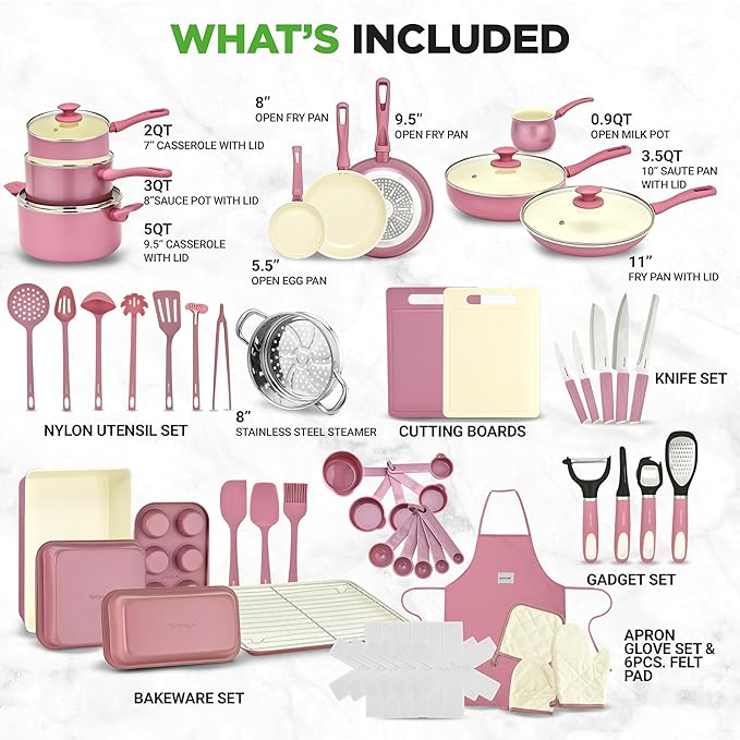 NutriChef 54-Piece Kitchen Cookware Set – Complete Non-Stick Ceramic Pots and Pans Set with Utensils, Bakeware, and Knife Set, Gas, Electric & Induction Compatible, Blush Pink Kitchen Essentials