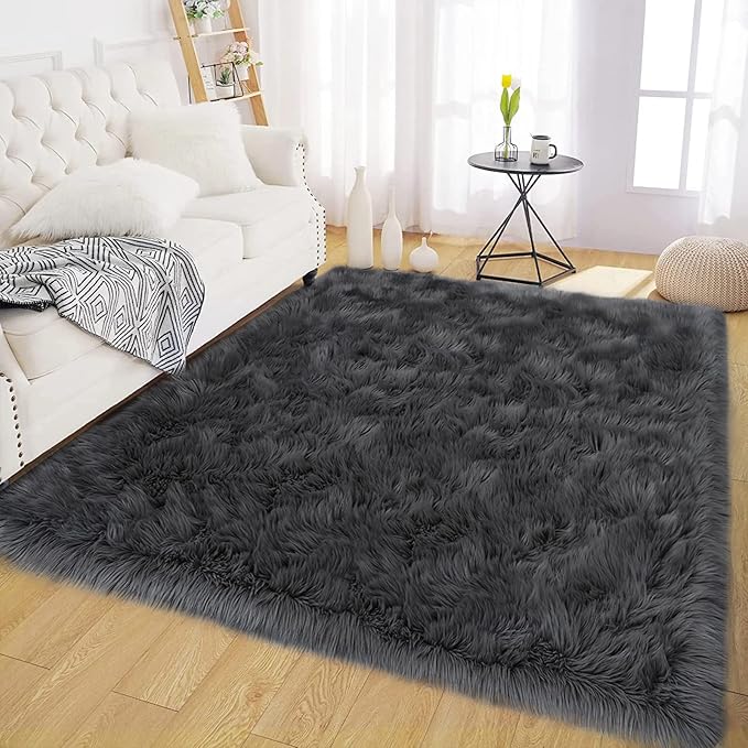Latepis Living Room Rugs 6x9 Faux Sheepskin Fur Dark Grey Rug for Bedroom Fuzzy Fluffy Rug for Sofa Floor Entertainment Room Luxury Home Decor