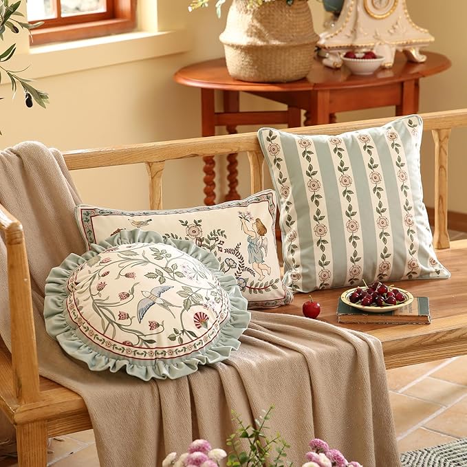 Throw Pillow Covers Pack of 4,Green Cozy Velvet Farmhouse with Birds and Floral Pattern Pillowcases,Decoration Square Round Lumbar Pillows Cushion Covers for Couch Sofa Bed Car Chair