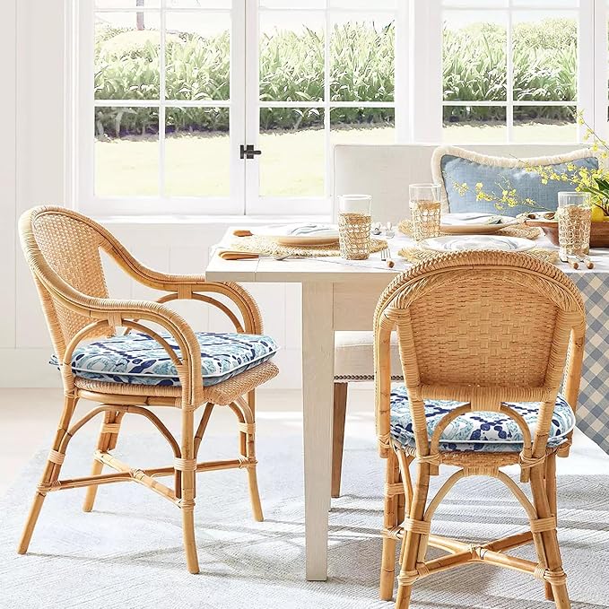 Set of 2 Outdoor Chair Cushions with Ties,Water Repellent Patio Chair Pads 17"x 16" for Outdoor Furniture,Round Corner Seat Cushions for Garden Yard Kitchen Boho Geometry Blue