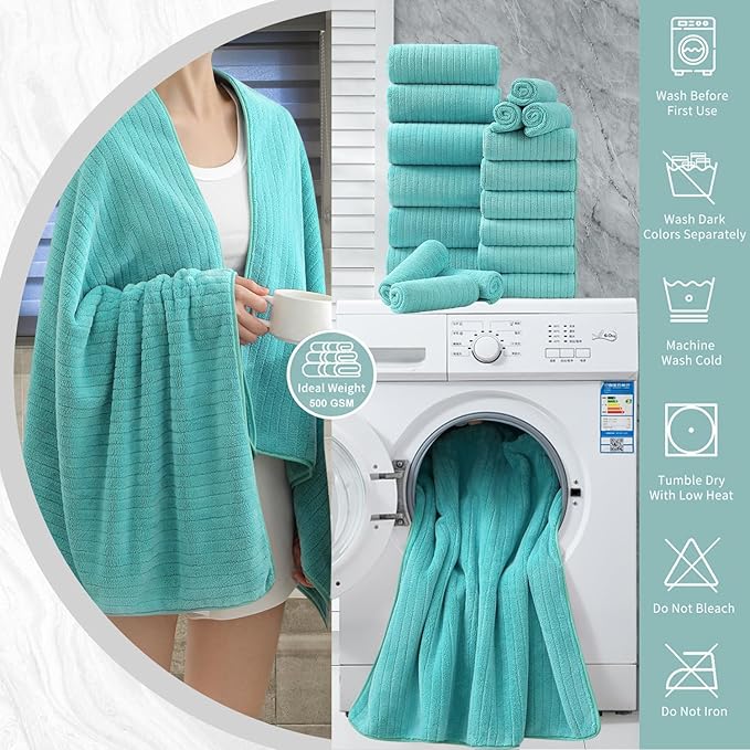18 Piece Bath Towels Set,Ultra Soft Family Bathroom Towel Set with Hanging Loops-6 Bath Towels,6 Hand Towels,6 Washcloths,Highly Absorbent Quick Dry Shower Towel for Bathroom,Hotel,Spa-Teal Towel Set