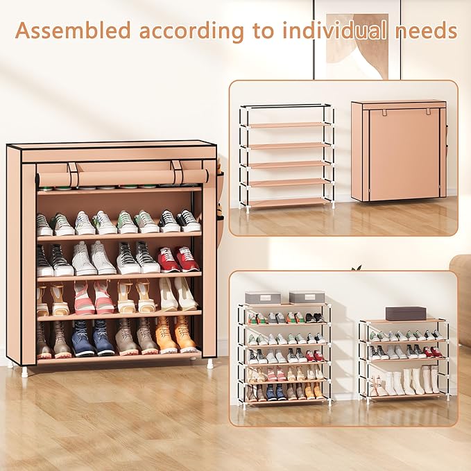 Laiensia 5-Tier Vertical Shoe Rack Organizer, Space Saving Shoe Storage Organizer, Non-Woven Cover Shoe Shelf Holds 20-25Pairs for Bedroom, Hallway, Closet Entryway, Brown